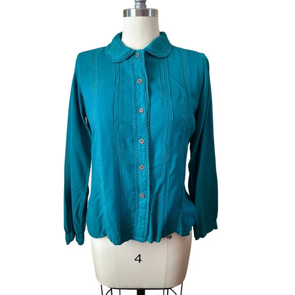 80s VTG Star of India Teal Women's Blouse Peter Pan Collar Boho Cotton Size S - Picture 1 of 6